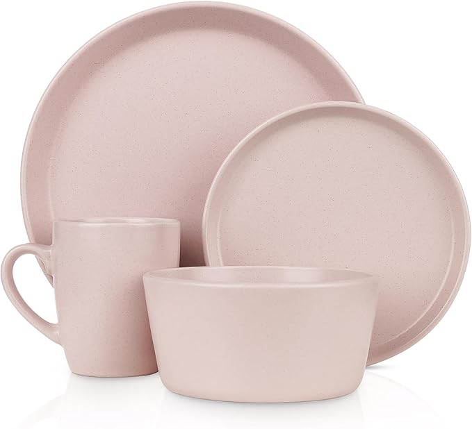 Stone Lain Albie Stoneware 32-Piece Modern Dinnerware Set, Kitchen Plates and Bowls Sets, Dish Set for 8, Pink