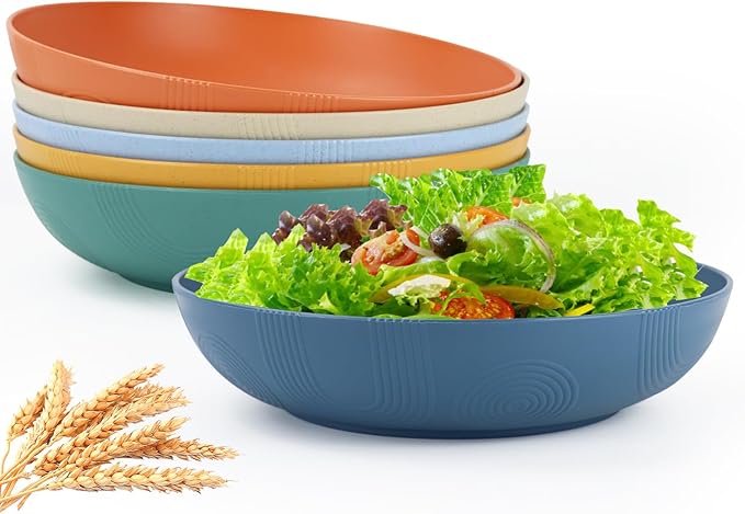 PYRMONT 65 OZ Salad Bowls Set of 6-10 inch Serving Bowl Large Bowl Wheat Straw Plates Bowls - Dishwasher Safe Plate - Wide and Shallow Bowls for Kitchen,Pasta,Noodles - Multi Color