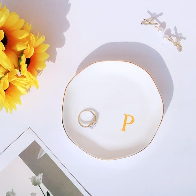 Ceramic Jewelry Tray Initial Ring Dish Personalized P-Monogrammed Engagement Wedding Gifts, for Birthday Mother's Day Christmas for Women, Ceramic White 4.75" (P)