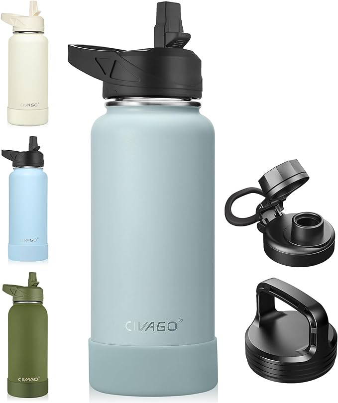 CIVAGO 32 oz Insulated Water Bottle With Straw, Stainless Steel Sports Water Cup Flask with 3 Lids (Straw, Spout and Handle Lid), Wide Mouth Travel Thermal Mug, Sage