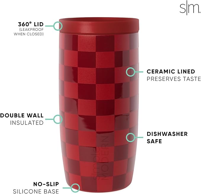 Simple Modern Travel Coffee Mug Tumbler with 360° Lid | Ceramic-Lined Insulated Stainless Steel Cold Brew Iced Coffee Cup | Gifts for Women Her Him | Voyager Signature | 16oz | Checkmate Red Cottage