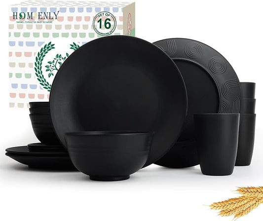 Homienly 16-Piece Wheat Straw Dinnerware Sets, Reusable Unbreakable Plates and Bowls Sets,Cups,Service for 4, Premium Dishwasher and Microwave Safe Dish Sets for Kitchen,Outdoor - Black