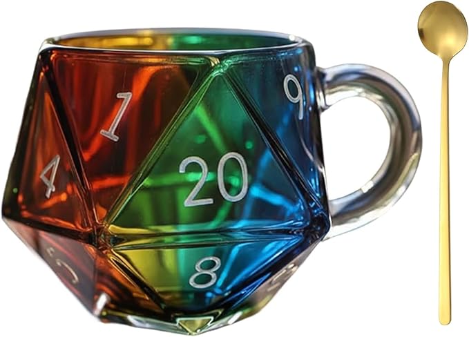 Rainbow D20 Dice Mug, Polyhedral Dice Coffee Cup with Handle, Game Mug for RPG Lovers, Game Night Mugs Gift for Fantasy Lovers