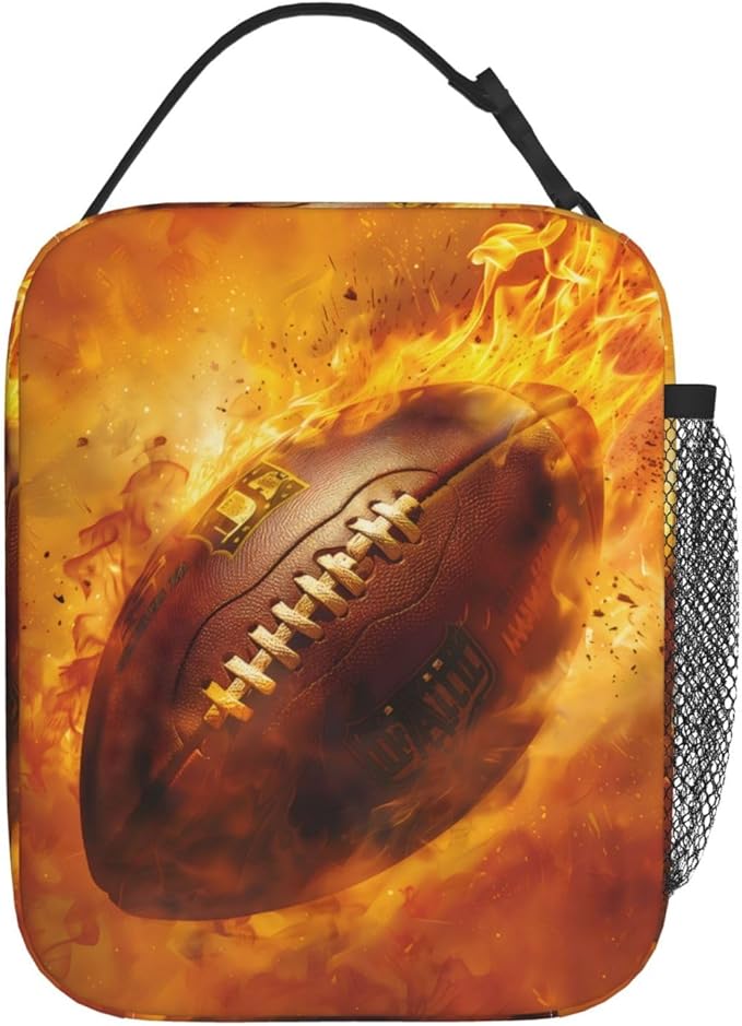American Football Lunch Box for Athletics Lovers, Tote Bag with Fire Ball Print, Insulated Lunchbox Gifts, Reusable Cooler Lunchboxes for Sport, Office, School, Picnic, Travel