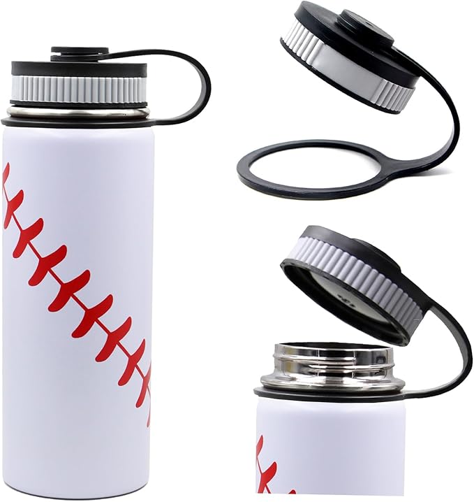 18 oz Baseball Water Bottle, Sports Flask Metal Thermo Travel Tumbler with 2 Lids, Stainless Steel Double Wall Vacuum Insulated Leakproof Water Bottles, Baseball Accessories Stuff Gifts for Boys Girls