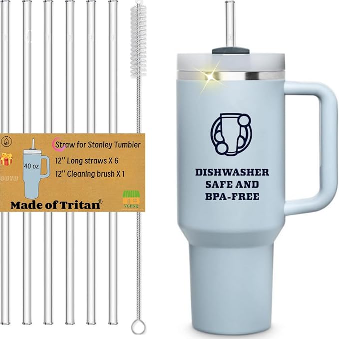 Straw Replacement for Stanley Cup 40 oz | 6 PCS Reusable Straws with Stanley 40oz Tumblers | Reusable Tritan Straws with 1 Cleaning Brush | 12 inch Tumbler Accessories, BPA-Free Dishwasher Safe Clear
