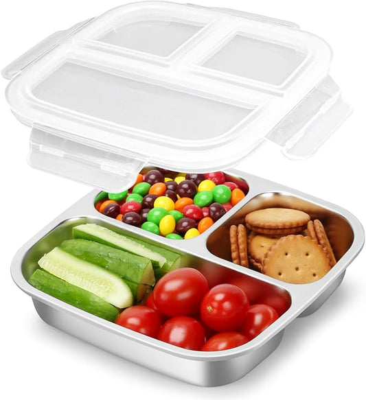 RAOOKIF Stainless Steel Snack Container 7 X 7 inch, 3 Compartment Reusable Snack Containers With Lids, Grab and Go Snack Box for Schools, Homes, Offices, and Camping, Dishwasher-Safe