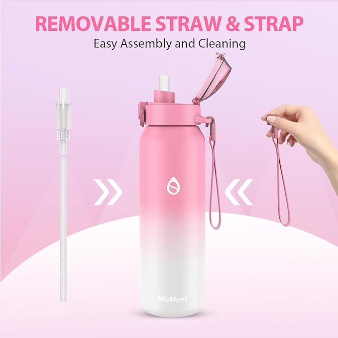 32oz Water Bottle with Removable Straw and Spout Lid Two Ways to Drink, 18/10 Stainless Steel Insulated Water Bottle, BPA-Free, Leak Proof, Double wall, for Sports, Gym