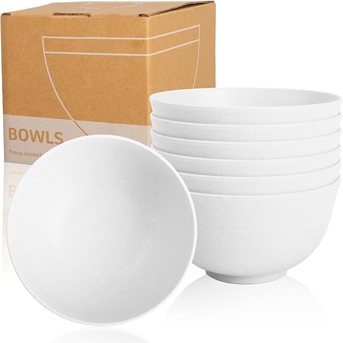 Wrova Wheat Straw Camping Bowls Sets of 6,Unbreakable 26oz Lightweight Bowls Sets for Outdoors Activity,Breakfast Bowls for Cereal and Salad.White Series