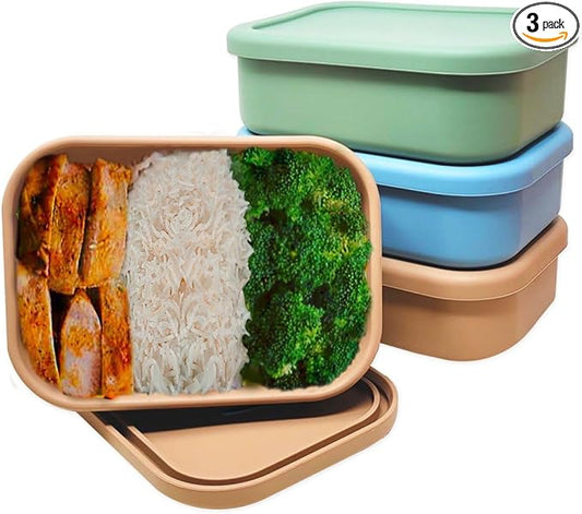 Perfect Portion 3-Pack Silicone Bento Boxes - Leakproof, Single-Compartment Lunch Containers, BPA-Free, Dishwasher, Oven & Fridge Safe, Dry Erase Marker Friendly- Tan, Green, Blue