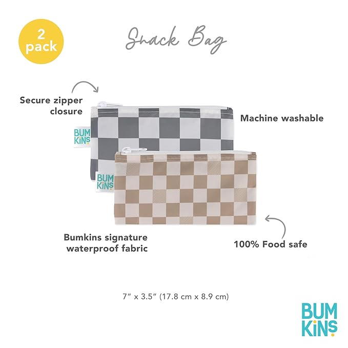 Bumkins Reusable Snack Bags, for Kids School Lunch and for Adults Portion, Washable Fabric, Waterproof Cloth Zip Bag, Supplies Travel Pouch, Food-Safe Storage, 2-pk Check
