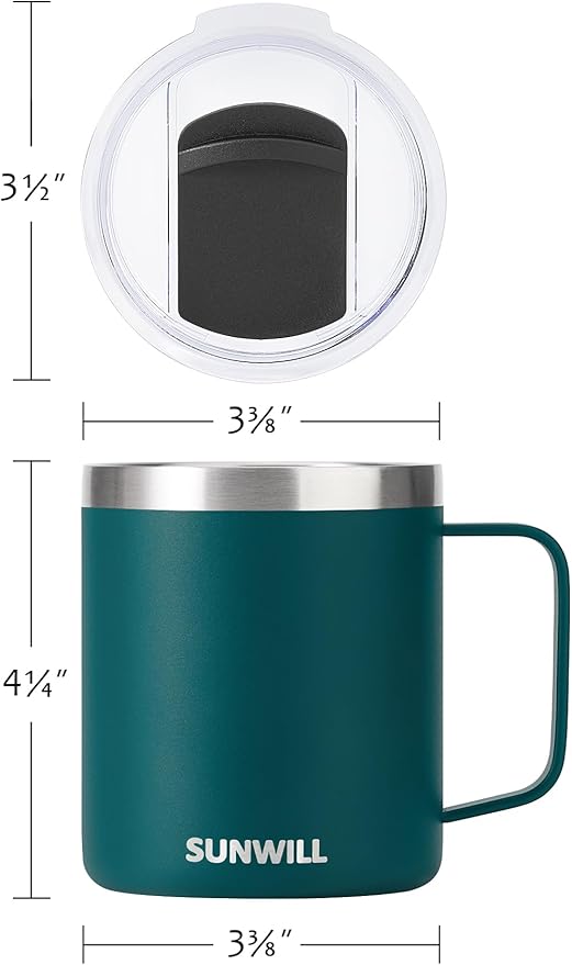 SUNWILL Travel Coffee Mugs Set of 4, Insulated Cup with Lid, 14oz Stainless Steel Tumbler with Handle Bulk for Gift, Camping, Office, Powder Coated Forest Green