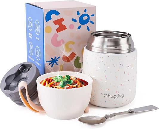 Thermo for Hot Food for Adults Kids | Wide Mouth, 18 oz Insulated Food Jar with Spoon, Leakproof Soup Thermo for School Office Travel, Thermal Steel Lunch Container Easy to Carry (White)