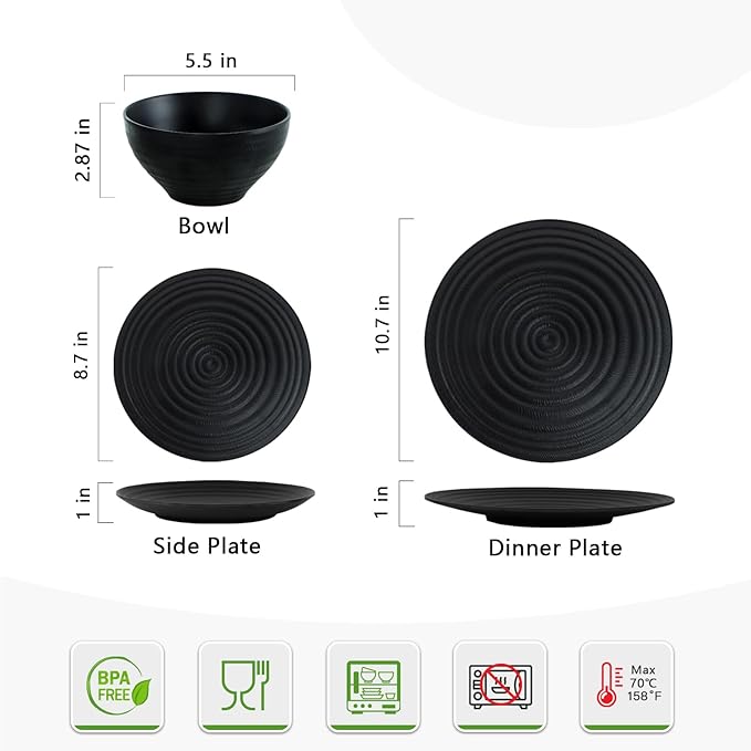 Melamine Dinnerware Sets for 4, 12Pcs Plates and Bowls Sets with Modern style, Lightweight and Unbreakable Dish Set for Camping, RV and BBQ, Dishwasher Safe, BPA free(Black)