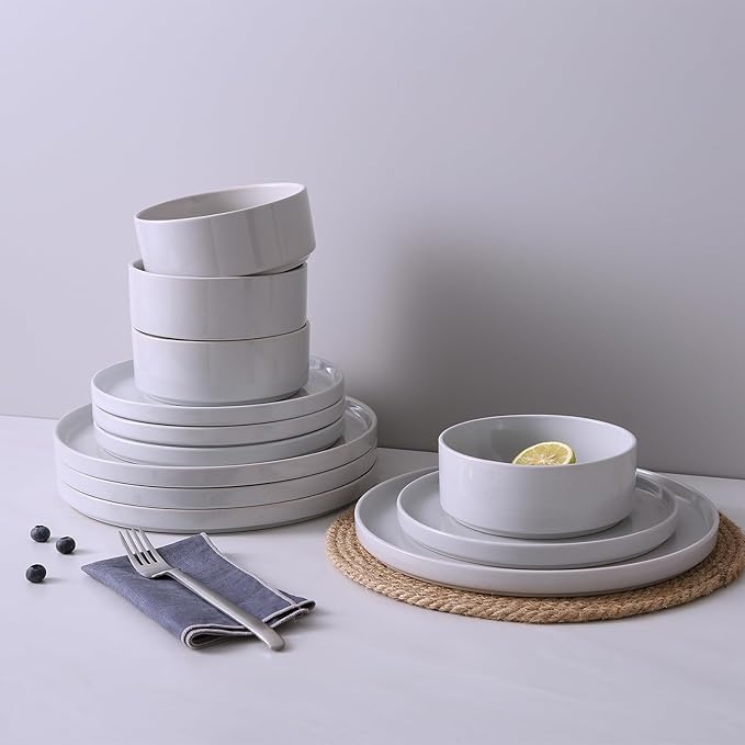 Famiware Nebula Dinnerware Set with Pasta Bowls, Service for 4 (16pcs), Fine Stoneware Plates and Bowls Sets, Microwave and Dishwasher Safe Dishes Set, Light Gray