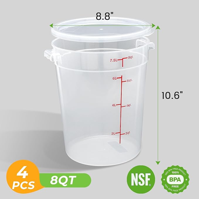 4 Pack Round Food Storage Containers with Lids, 8Qt Translucent, Polypropylene, BPA Free, Includes Labels & Measuring Cups