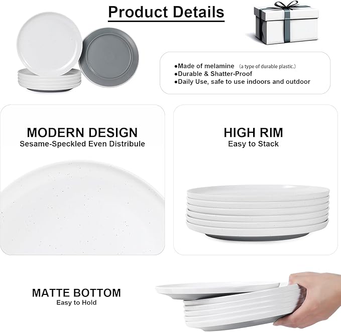 Webbylee 10.25" Melamine Dinner Plates Set of 6 - Durable Serving Dishes Perfect for Kitchen Outdoor Use, Dishwasher Safe,Scratch Resistant-White & Grey