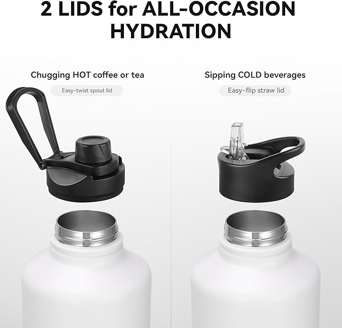 64 oz Insulated Water Bottle with Straw & Spout Lids, Stainless Steel Metal Half Gallon Water Jug with Paracord Handle, Double Wall Vacuum, Leakproof, Keep Drinks Cold & Hot, White