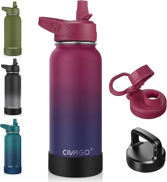 CIVAGO 32 oz Insulated Water Bottle With Straw, Stainless Steel Sports Water Cup Flask with 3 Lids (Straw, Spout and Handle Lid), Wide Mouth Travel Thermal Mug, Dark Rainbow