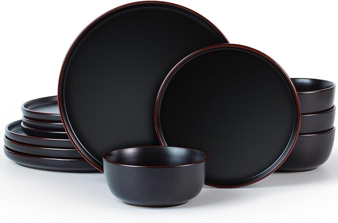 Famiware Mercury Plates and Bowls Sets, 12 Pieces Stoneware Dinnerware Sets, Dishes Set for 4, Microwave and Dishwasher Safe, Black