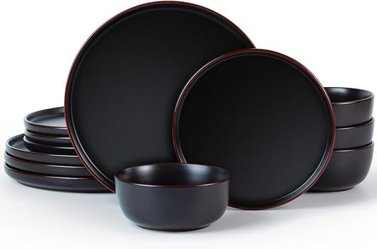Famiware Mercury Plates and Bowls Sets, 12 Pieces Stoneware Dinnerware Sets, Dishes Set for 4, Microwave and Dishwasher Safe, Black