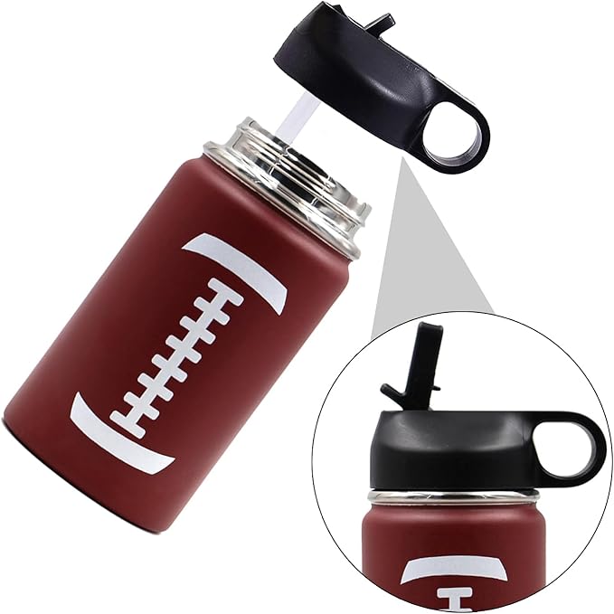 12 oz Football Water Bottle, Metal Sports Flask Thermo Travel Tumbler with 2 Lids, Stainless Steel Double Wall Vacuum Insulated Leak Proof Water Bottles, Football Accessories Gifts for Mom Boys Girls