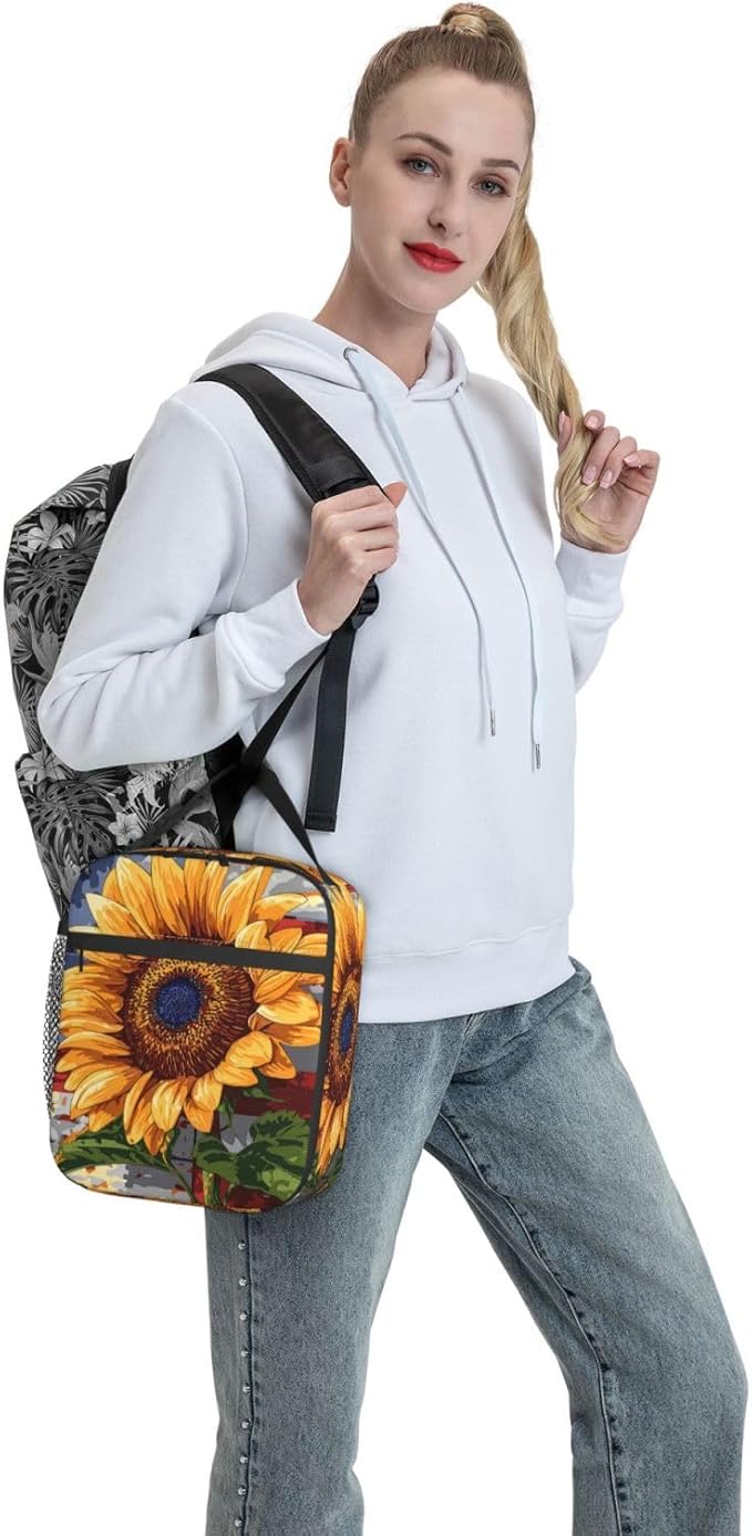 Sunflower Lunch Box for Kids Aldults, Patriotic Floral Reusable Thermal Insulation Cooler Tote Bags, American Flag Rustic Bloom Insulated Bag for Student, School Picnic Camping Travel, Gifts