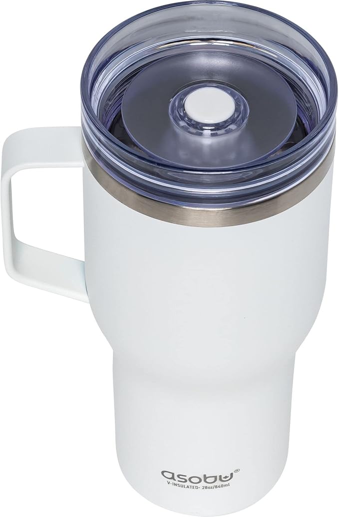 asobu 360 Travel Mug – 28oz Vacuum Insulated Stainless Steel Mug with 360° Spill-Proof Lid and Handle – Keeps Drinks Hot 12H / Cold 24H – Leak-Resistant and Cup Holder Friendly