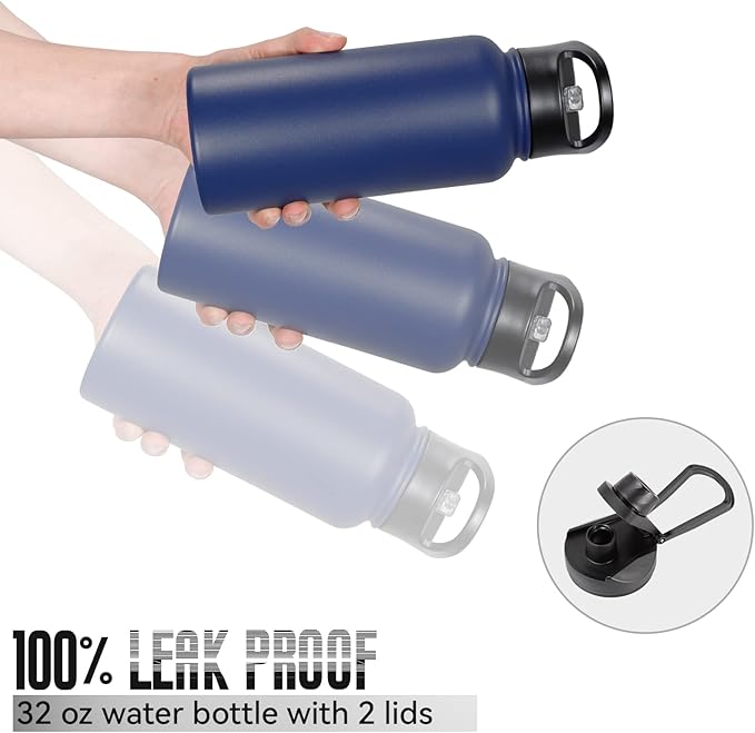 32 oz Insulated Water Bottle Bulk 8 Pack, Stainless Steel Sports Water Bottles with Straw Lid & Wide Mouth Lids, Double Walled Vacuum, Leak Proof, Blue