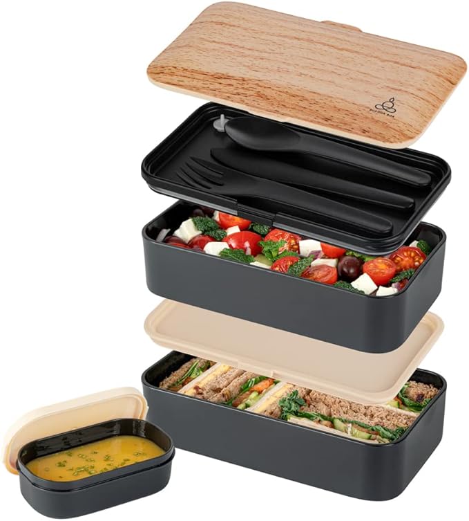 Restaurantware Bento Tek 40.5 Ounces Stackable Lunch Box 1 Reusable Adult Lunch Container - With Utensils Sauce Cup Wood Grain & Black Plastic Layered Lunch Box Microwavable Dishwashable