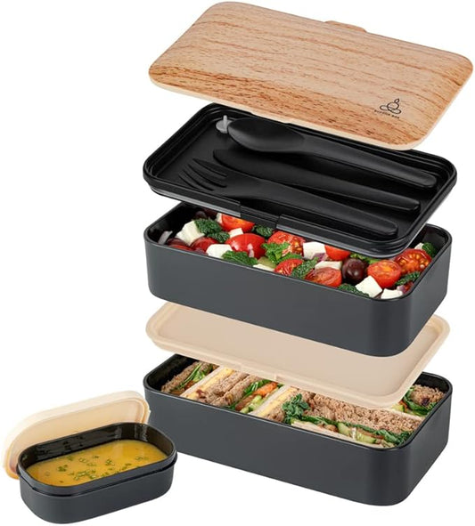 Restaurantware Bento Tek 40.5 Ounces Stackable Lunch Box 1 Reusable Adult Lunch Container - With Utensils Sauce Cup Wood Grain & Black Plastic Layered Lunch Box Microwavable Dishwashable