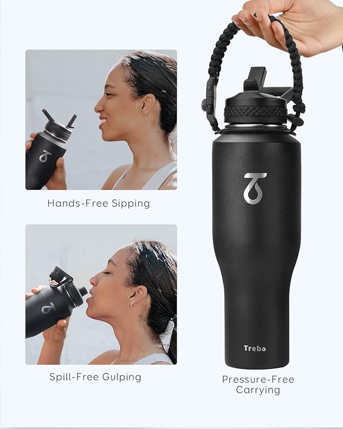 Trebo 40 oz Insulated Water Bottle that Fits in Car Cup Holder,Triple Wall Stainless Steel Water Bottles Insulated,LeakProof,Keep 48 hrs Cold & 24 hrs Hot,Metal Tumbler with Paracord Handle,Straw