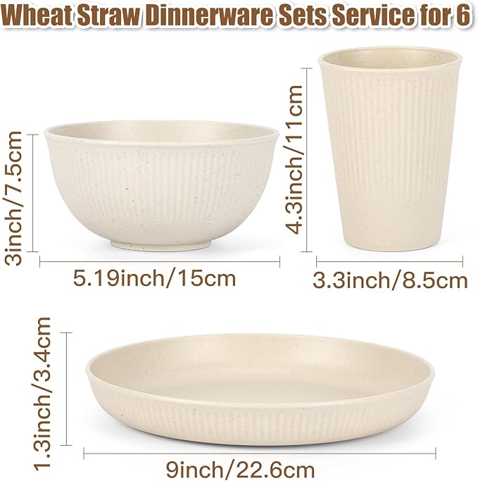 18PCS Wheat Straw Dinnerware Sets Unbreakable Reusable Dinnerware Set for 6, Microwave Dishwasher Safe Dinnerware for Outdoor Camping Dishes