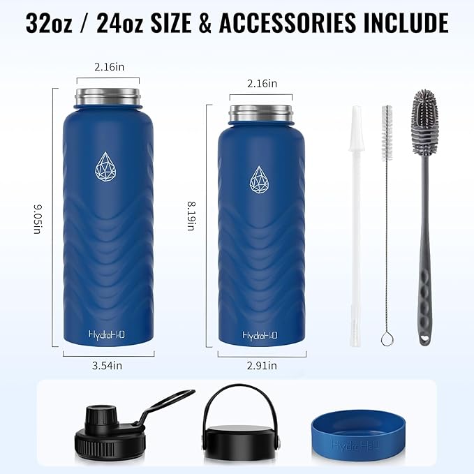 24oz Stainless Steel Insulated Water Bottle, 48H Ice Cold & 24H Hot, Leak-Proof Wide Mouth Lids (Straw & Spout), BPA-Free Bottles, Mens Water Bottle for Gym, Hiking, Travel - Blue