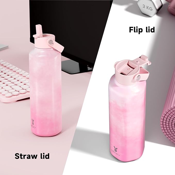 Women Water Bottle with Straw for Sports: 24 oz Stainless Steel Insulated Water Bottle BPA-Free for Home Office Work - Girlfriend Wife Mom, Peony