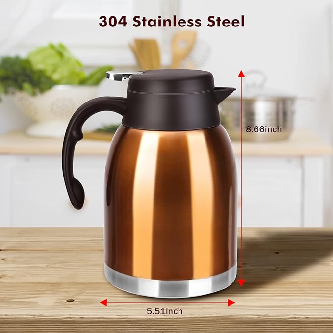 54oz Stainless Steel Thermal Coffee Carafe Dispenser, Double Wall Unbreakable Vacuum Flask 1.6L Water Tea Pot Pitcher for Cold Drinking in Summer
