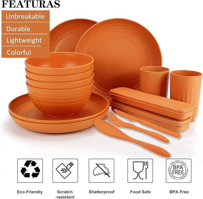 28-Piece Wheat Straw Dinnerware Sets, Microwave & Dishwasher Safe Unbreakable Dinnerware Set, Reusable Dishware Sets, Lightweight Camping Dishes, Plates, Cups, Cereal Bowls for 4(Orange)