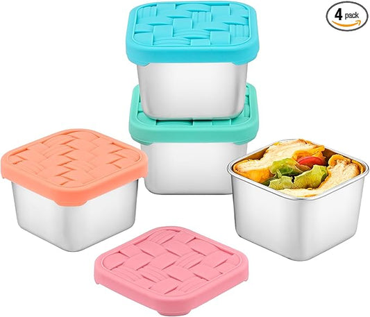 4PC 6oz Stainless Steel Snack Containers for Kids, BPA-Free Metal Toddler Snack Containers with Silicone lids, Leakproof Reusable Lunch Containers for School, Travel, Bento, Daycare