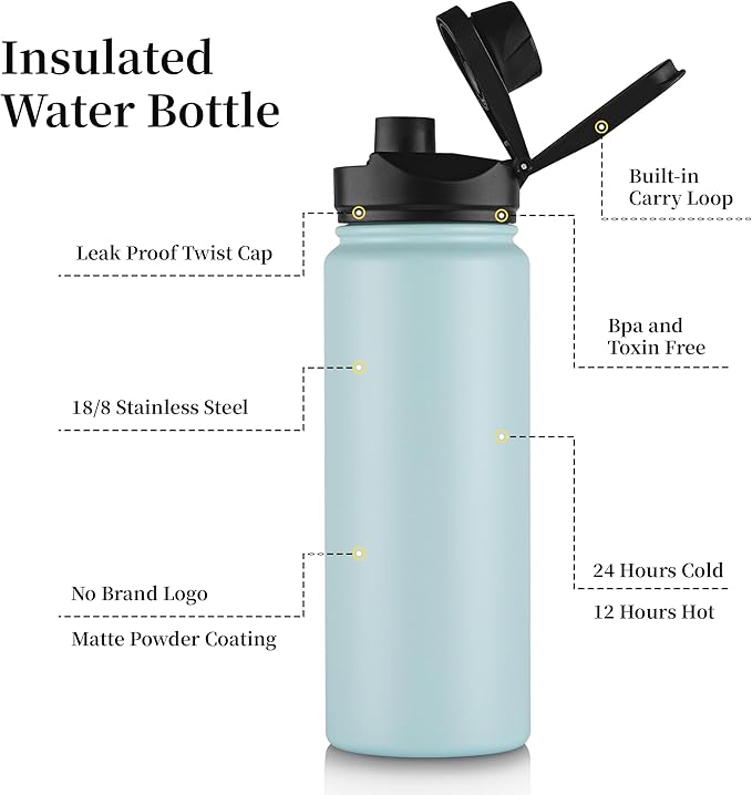 24 oz Insulated Water Bottle Bulk 4 Pack, Stainless Steel Sports Water Bottles with Straw Lid & Wide Mouth Lids, Double Walled Vacuum, Leak Proof, Turquoise Blue