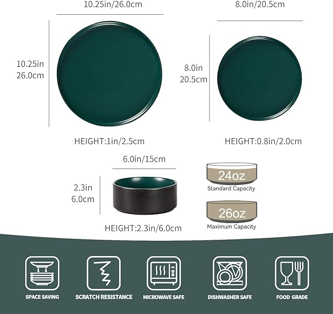 GZG Classic Series - Plates and Bowls Set for 6, 18 Piece Stoneware Dinnerware Sets, Microwave and Dishwasher Safe Lead-Free Handcrafted Ceramic Dishes Set - Malachite Green