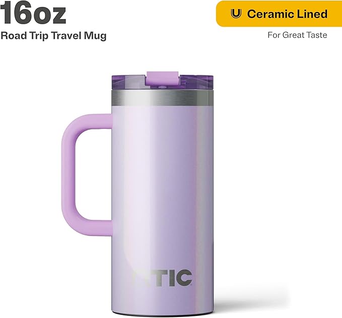 RTIC 16oz Road Trip Travel Mug with Lid and Handle, Ceramic Lined, Insulated, Stainless Steel, Metal, Double Wall Vacuum-Insulation, Portable Coffee, Tea Cup for Hot and Cold Drink, Lavender Glitter