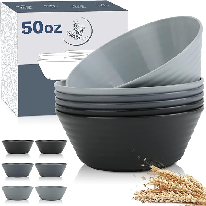 Wrova Wheat Straw Bowl Sets,6 PCS Unbreakable Big Cereal Bowl 50 OZ,Microwave and Dishwasher Safe Bowls,Large Salad Bowls for Camping,Picnic,Apartment,Dorm,RV (Classic Series)