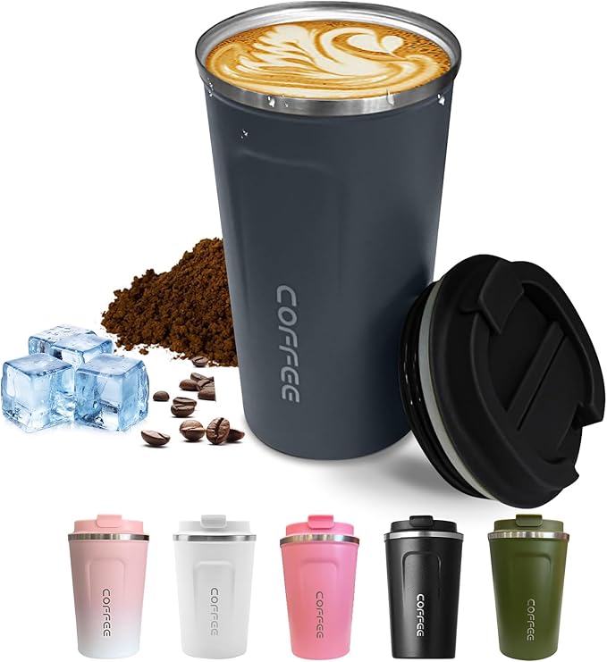 Travel coffee mugs leak-proof, reusable coffee cups with lids, stainless steel vacuum thermos coffee tumblers,thermal insulation cups for men and women hot & cold drinks(2nd-Blue, 12OZ)