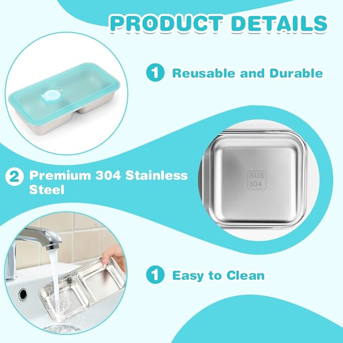 YQL 4 Pack Stainless Steel Snack Containers with Lids, Double Compartment Food Storage Boxes for Lunch Prep, Reusable Leakproof Bento Snack Boxes for Travel, Office, Camping