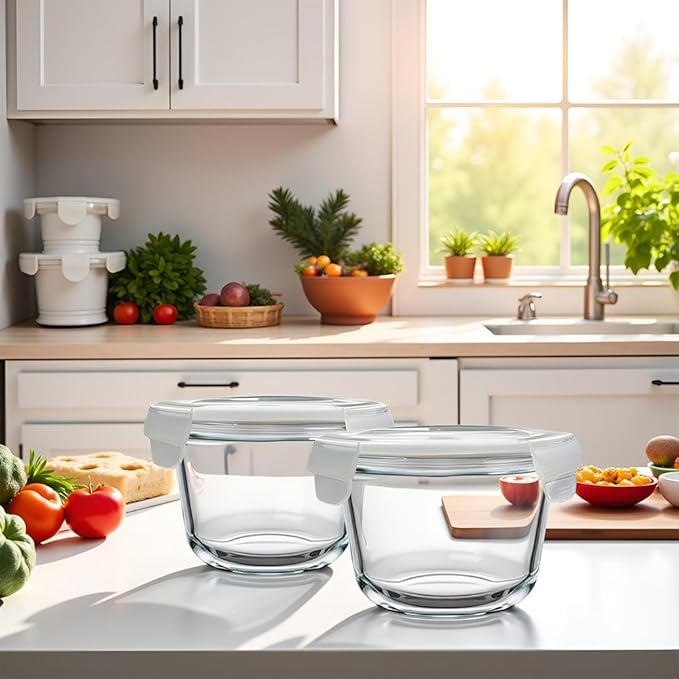 8 Pack Glass Food Storage Containers with lids, Round Glass Soup Container with Airtight Lids, Reusable Leakproof, Round Food Bowls for Soup, leftovers, Dishwasher Microwave Freezer Safe
