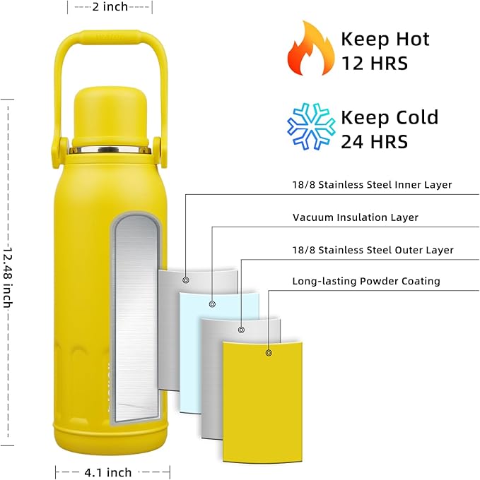 BJPKPK Insulated Thermal Water Bottle Double Wall with Handle and Lid 50oz Stainless Steel Water Bottles for Cold and Hot Beverages,Yellow