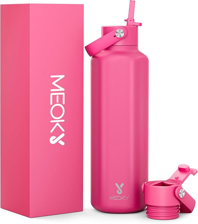 Meoky Women Insulated Water Bottle for Sports: 24 oz Stainless Steel Water Bottle with Straw and Flip Lid for Work - Commuters Yoga Enthusiasts, Ruby