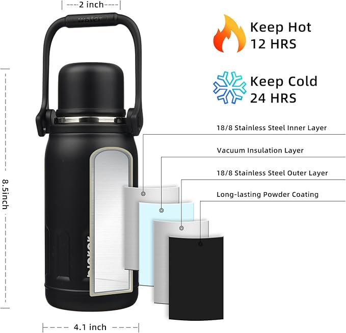 BJPKPK Insulated Water Bottle Leak Proof 27oz Stainless Steel Water Bottles with Handle and Lid Travel Metal Thermal Flask,Black