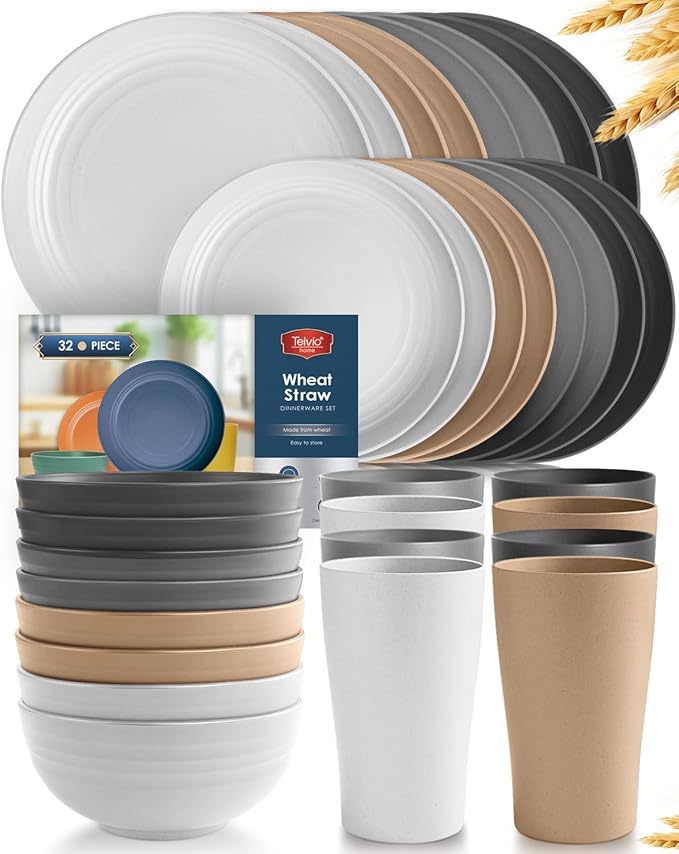 Teivio 32-Piece Kitchen Plastic Wheat Straw Dinnerware Set, Service for 8, Unbreakable Plates, Bowls and Cups Set, Farmhouse Outdoor Camping Dishes for Rustic Life/Country/Vintage, Country