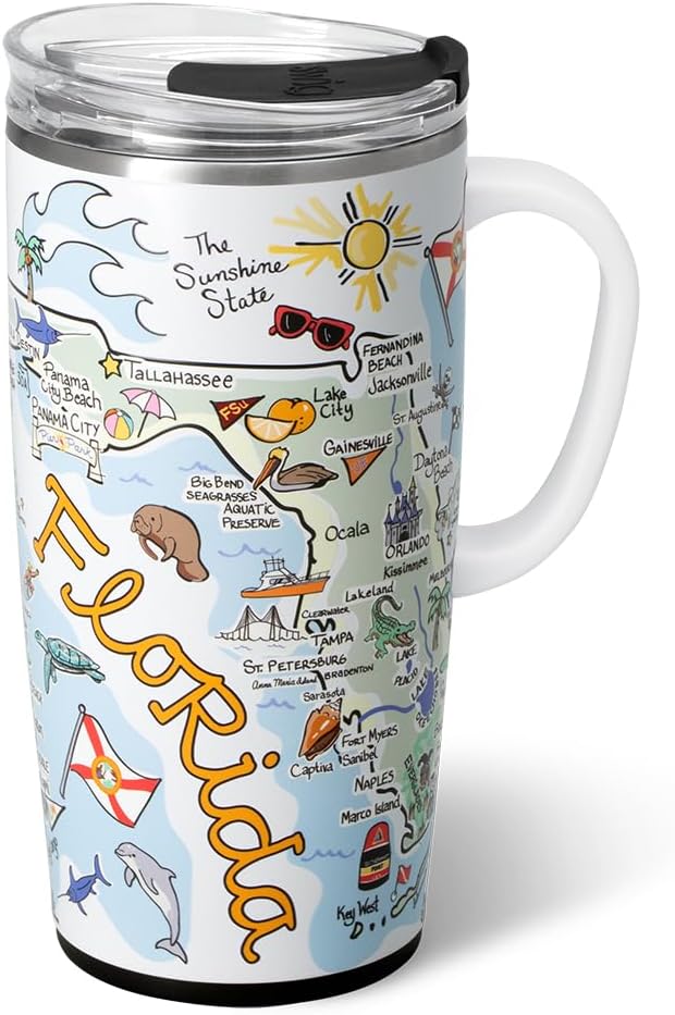 Swig Life 22oz Travel Mug, Insulated Tumbler with Handle and Lid, Travel Coffee Mug, Cup Holder Friendly, Stainless Steel 22 oz Tumbler, Reusable Insulated with Lid (Florida)